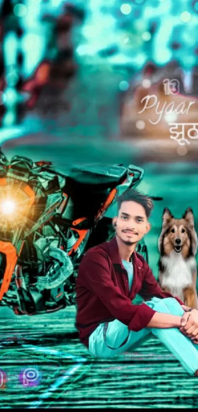 Vibrant scene with motorcycle and dog with a young man.