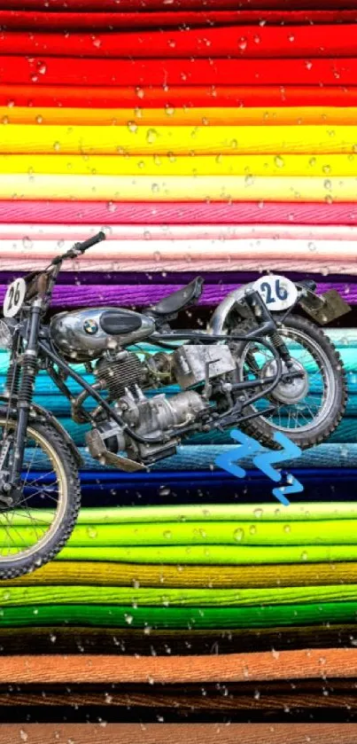 Colorful wallpaper featuring a vintage motorcycle in a rainbow-striped background.