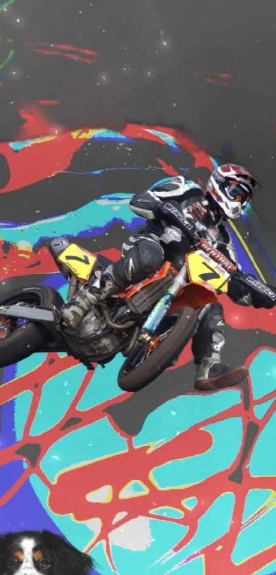 Motorcycle jump in vibrant abstract art style with bright blue and red accents.