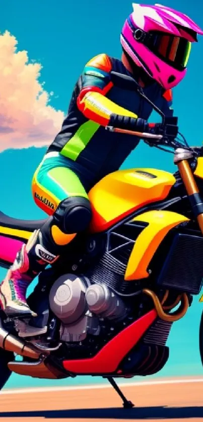 Vibrant artwork of a motorcyclist riding a brightly colored bike under a clear sky.