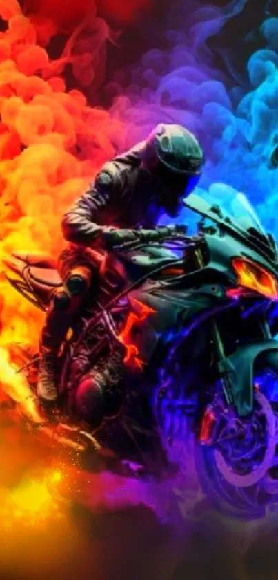 Motorcycle speeding through vibrant red and blue smoke art.