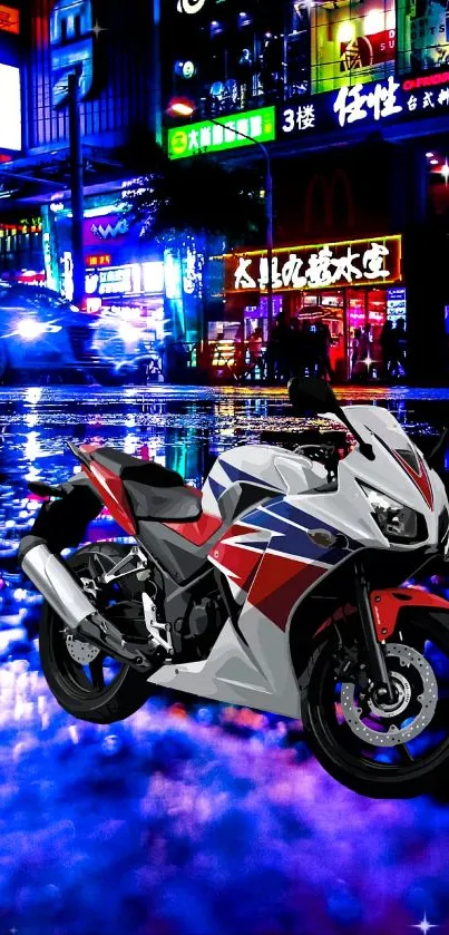 Motorcycle amidst vibrant neon cityscape reflecting on wet streets.