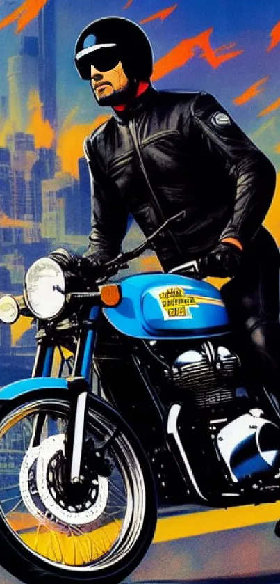 Stylized rider on motorcycle against vibrant city backdrop.