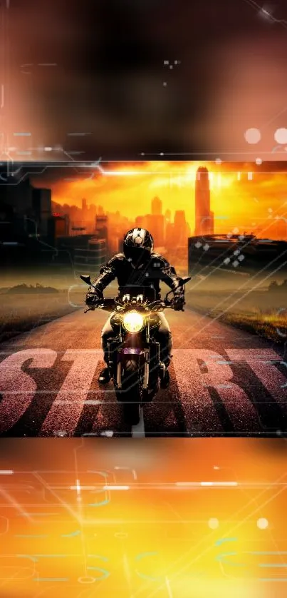 Motorcycle riding into a vibrant orange cityscape with glowing skyline.