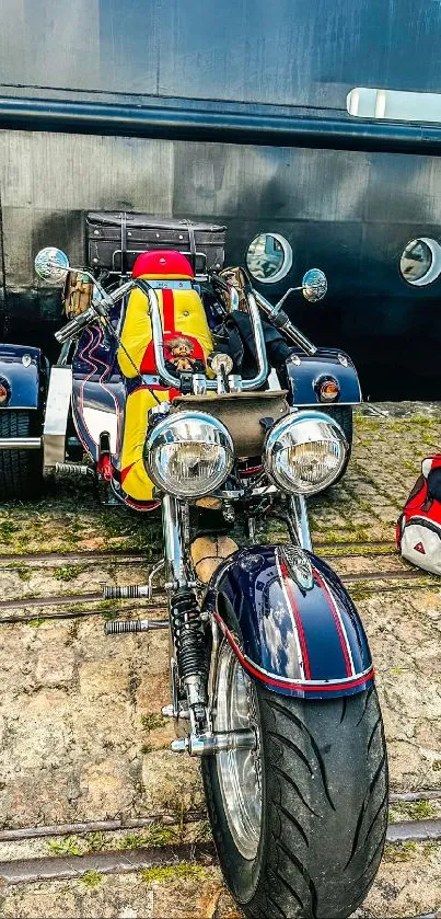 Vivid motorcycle parked beside a ship.