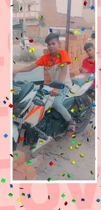 Mobile wallpaper featuring a motorcycle with a pink confetti background.