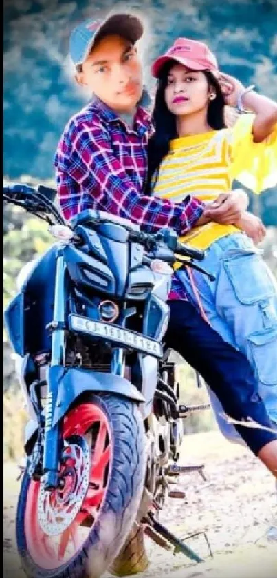 Couple posing with motorcycle on vibrant background.