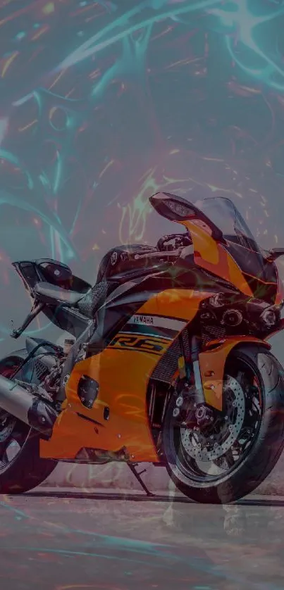 Orange motorcycle with abstract futuristic background.