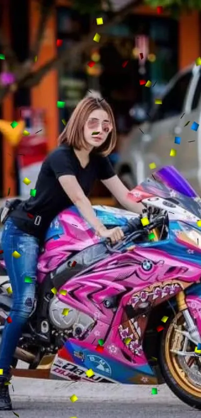 Bright sportbike with rider in an urban setting.
