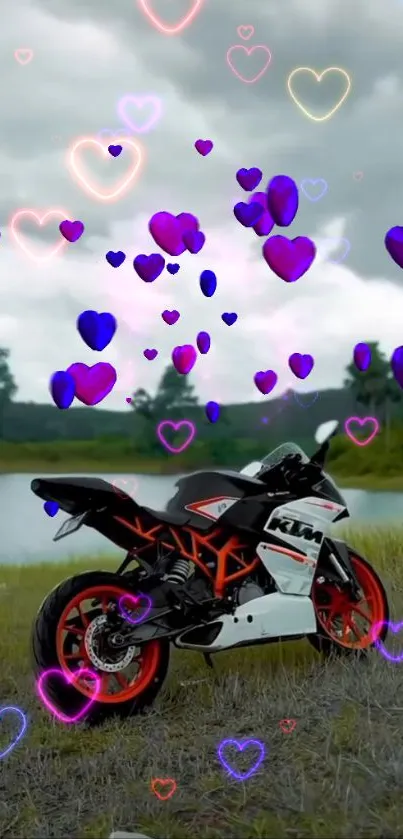 Motorcycle with heart designs by a lake.