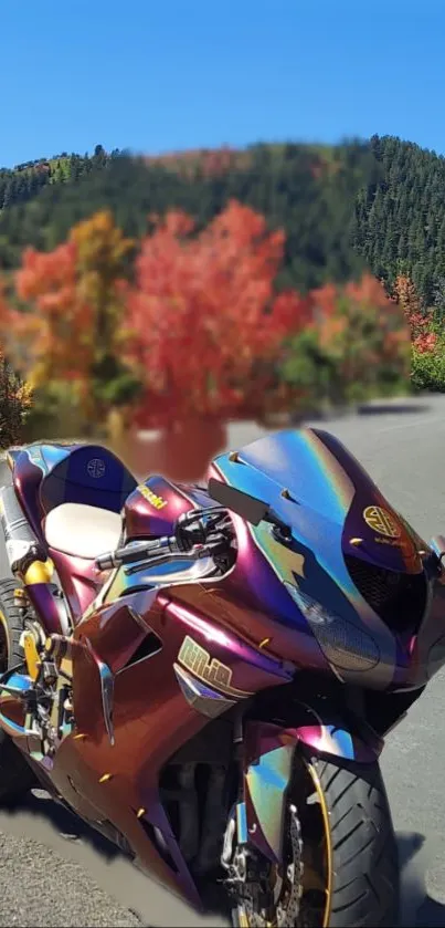 Colorful motorcycle with autumn backdrop in a scenic view.