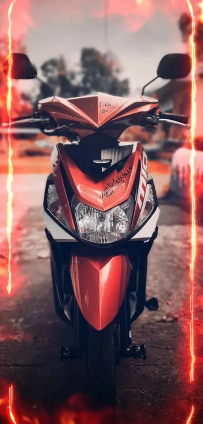 Front view of red motorcycle with flame effects.