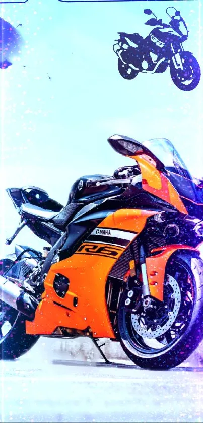 Vibrant orange motorcycle wallpaper with sleek, sporty design against a dynamic backdrop.