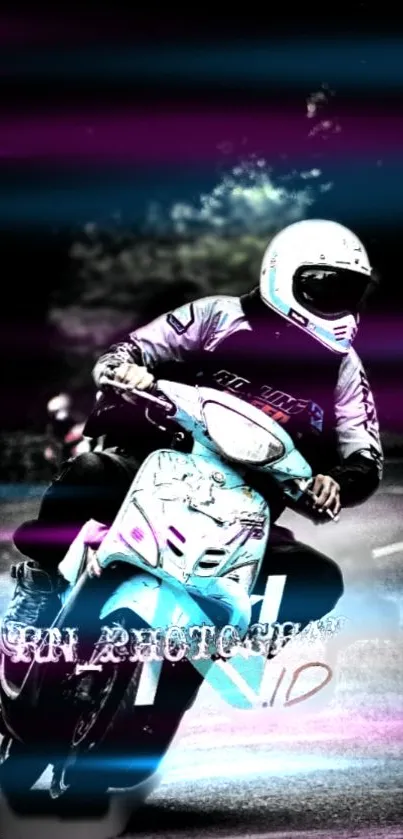 Motorcycle racer in vibrant magenta colors speeding on a road.