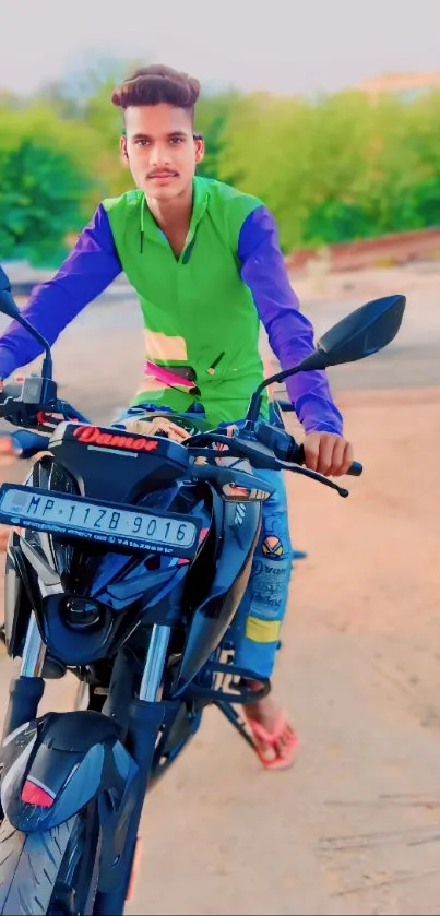 Person riding a motorcycle on a vibrant, colorful road.