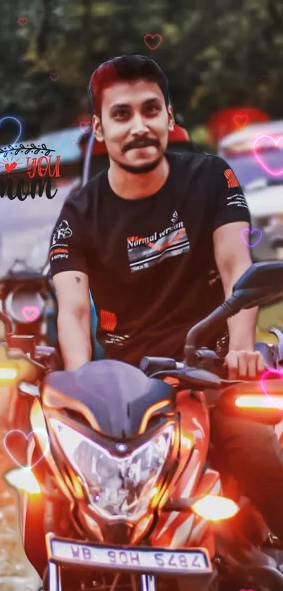 Motorcycle rider with vibrant heart effects in dynamic wallpaper.