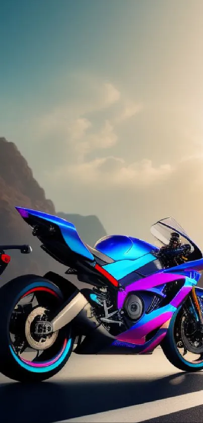 Vibrantly colored motorcycle on scenic road with mountain backdrop.