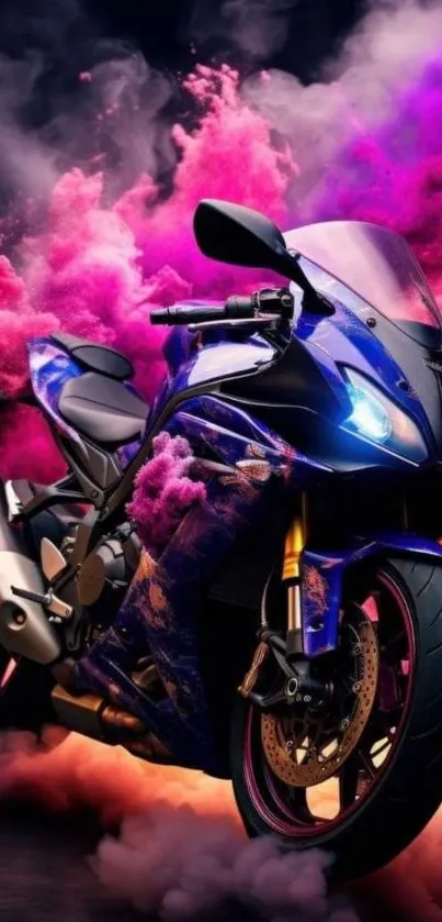 Motorcycle with vibrant purple and pink smoke on mobile wallpaper.