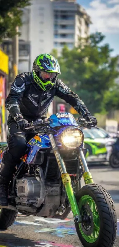 Bold motorcycle rider with vibrant colors in an urban street setting.