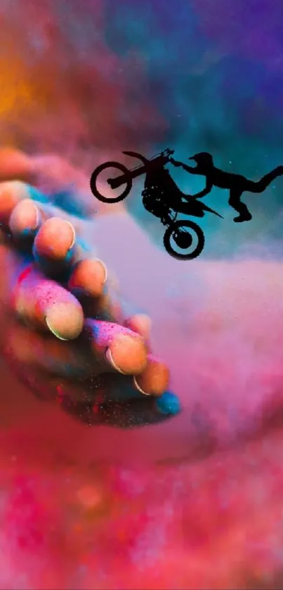 Vibrant and dynamic wallpaper with motorcycle stunt and colorful abstract background.