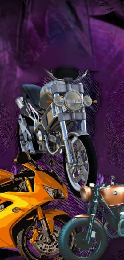 Three detailed motorcycles on a vibrant purple background.