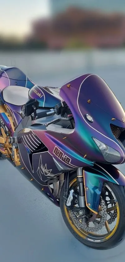 Iridescent purple motorcycle with sleek design and futuristic appeal.