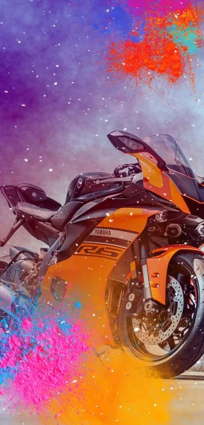 Vibrant orange motorcycle with color splash effects against a dramatic background.