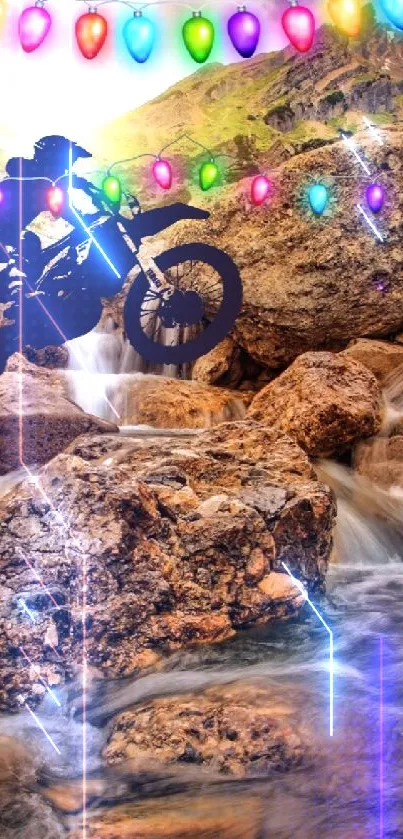 Motorcycle adventure through vibrant mountain waterfalls at sunset.