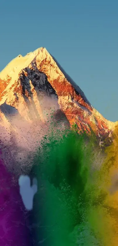 Colorful mountain and sky with vibrant art splashes.