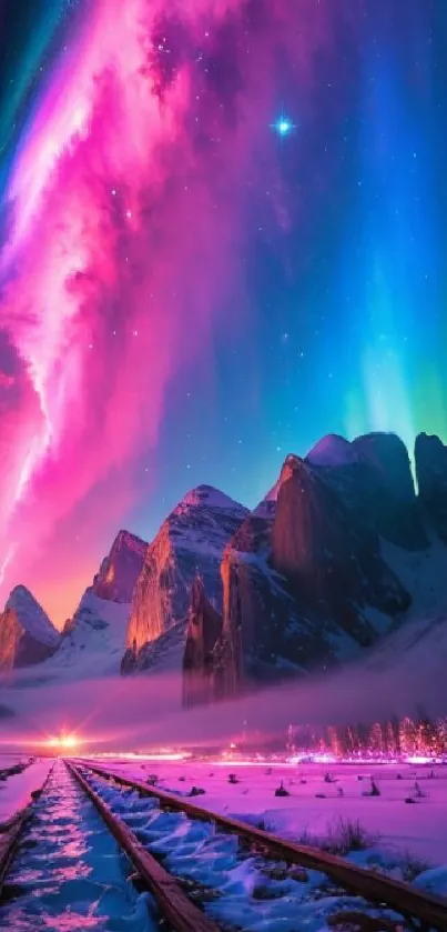 Vibrant aurora over snow-capped mountains, sky blazing with color.