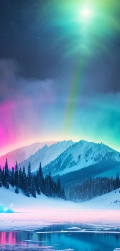 Colorful aurora over snowy mountains and lake.