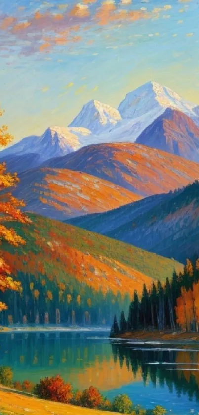 Autumn mountain scene with lake, colorful trees, and peaks.