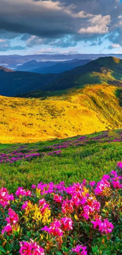 Vibrant mountain landscape with blooming pink flowers and green valleys.