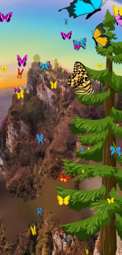 Colorful butterflies flutter around a pine tree on a mountain landscape wallpaper.