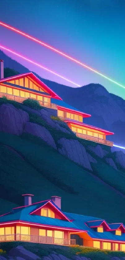 Neon-lit mountain cabins at twilight with vibrant colors and a starry sky.