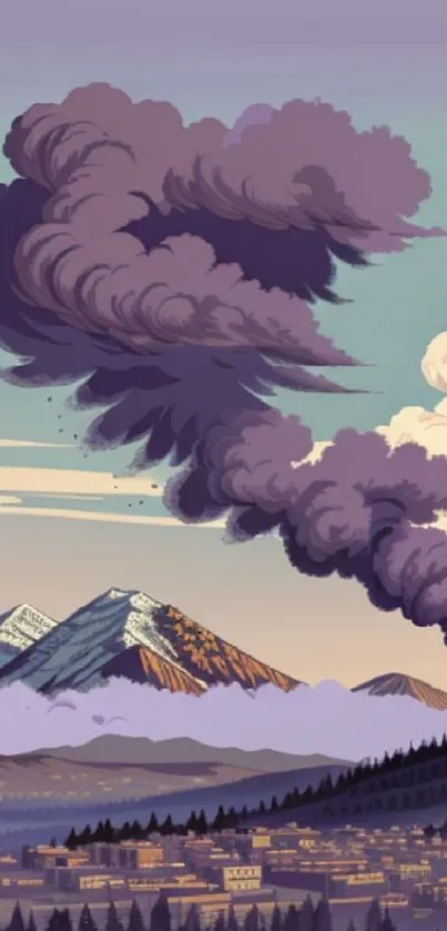 Illustrated mountains with dramatic clouds in a scenic artwork.