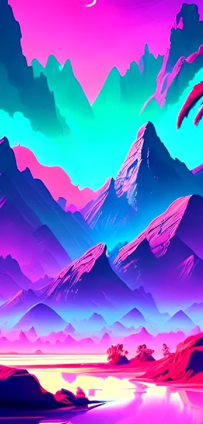 Vibrant mountain landscape with colorful sky in digital art style.