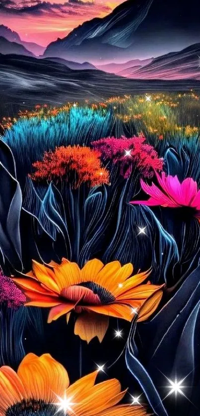 Vibrant mountain scene with colorful flowers and twilight sky.