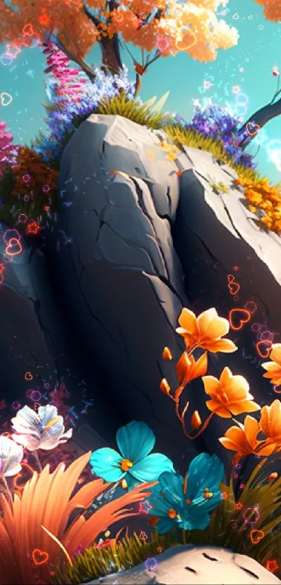 Vibrant mountain with colorful flowers and enchanting scenery.