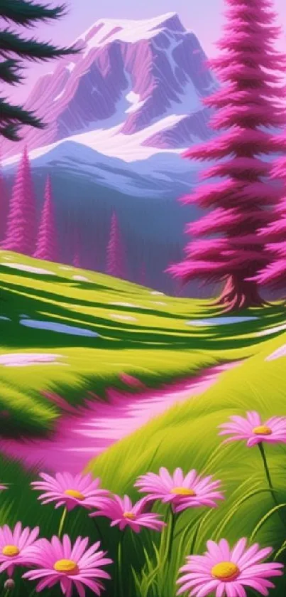 Vibrant mountain scene with pink flowers and snowy peaks, ideal for phone wallpaper.