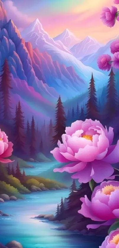 Vibrant pink flowers with mountain view and colorful sky.