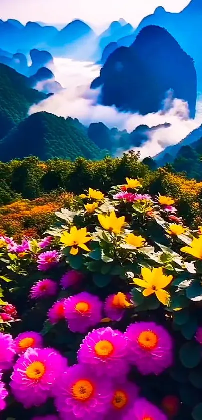 Vivid mountains and colorful flowers wallpaper scene.