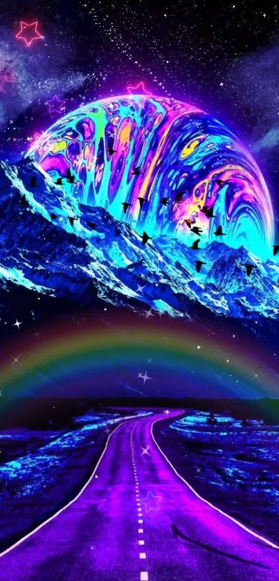 Mobile wallpaper of neon mountains with a glowing, colorful galaxy backdrop.