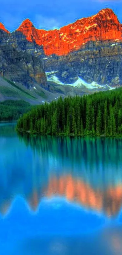 Vibrant mountain lake with red cliffs and lush forest.