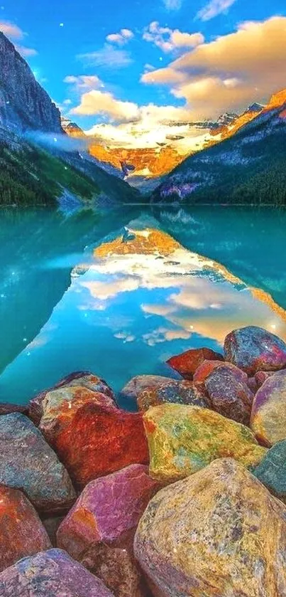 Mountain lake reflecting colorful sky and rocky shore at sunset.