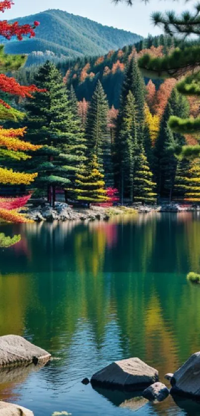 Scenic mountain lake with forest reflected in calm waters and vibrant autumn trees.