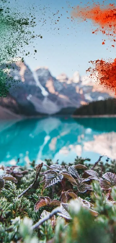 Vibrant mountain lake wallpaper with colorful splashes of red and green.