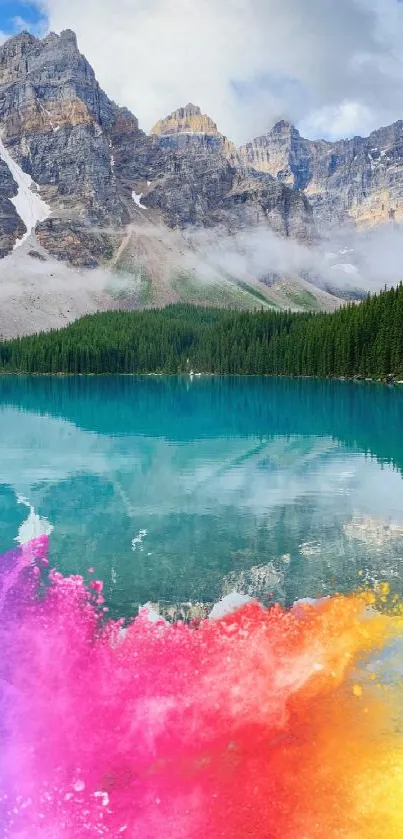 Colorful mountain lake wallpaper with vibrant splash.