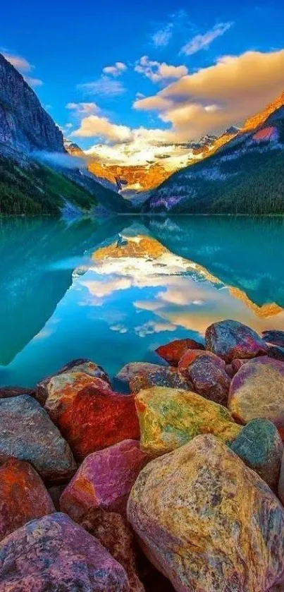 Vibrant mountain lake with colorful rocks and clear reflections.