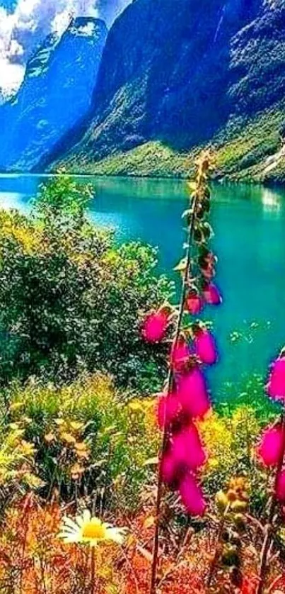 Vibrant mountain landscape with a serene teal lake and colorful wildflowers.